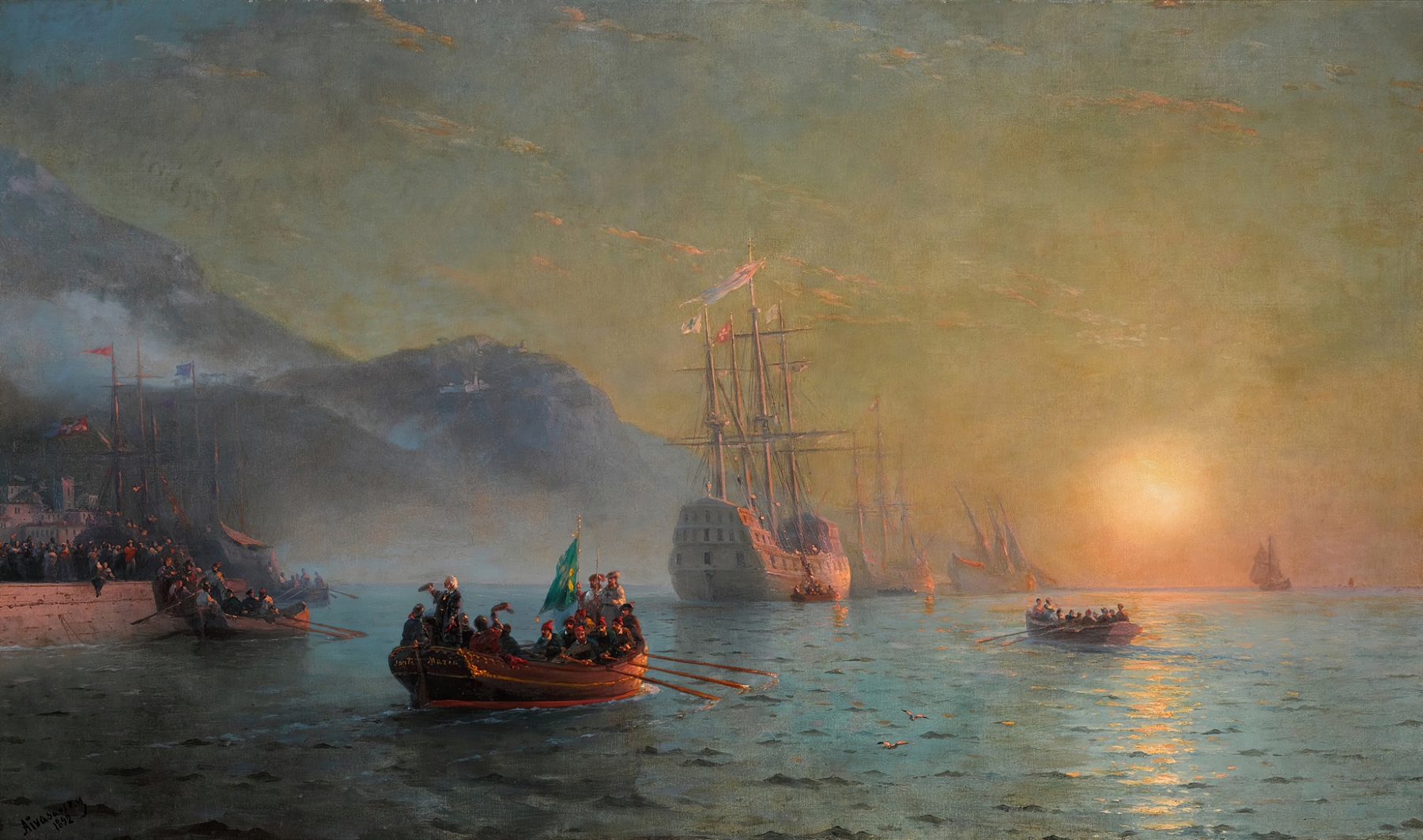 Painting of Columbus's fleet departing the port of Palos under a golden evening sky