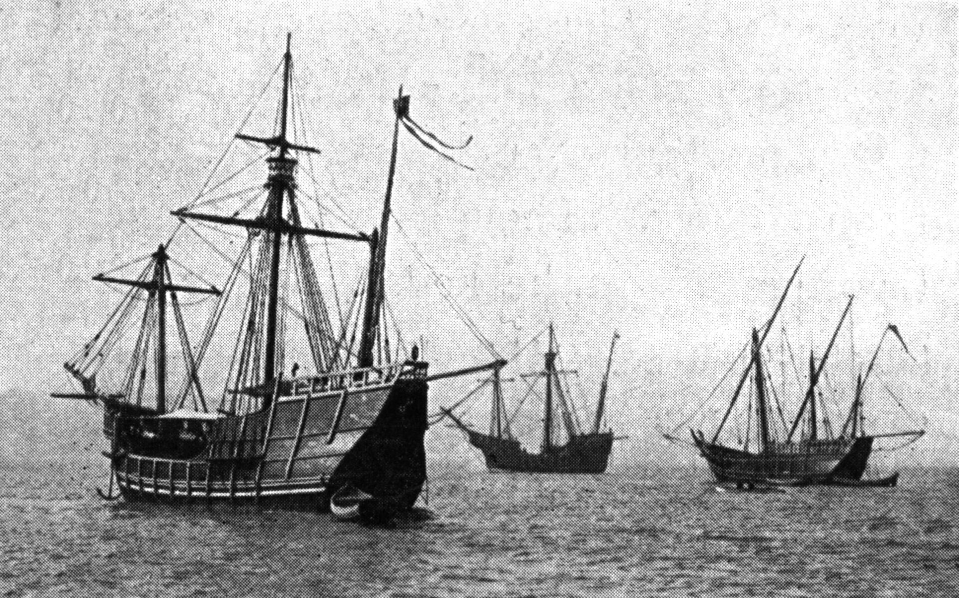 1893 photograph of replica ships Niña, Pinta, and Santa María under sail
