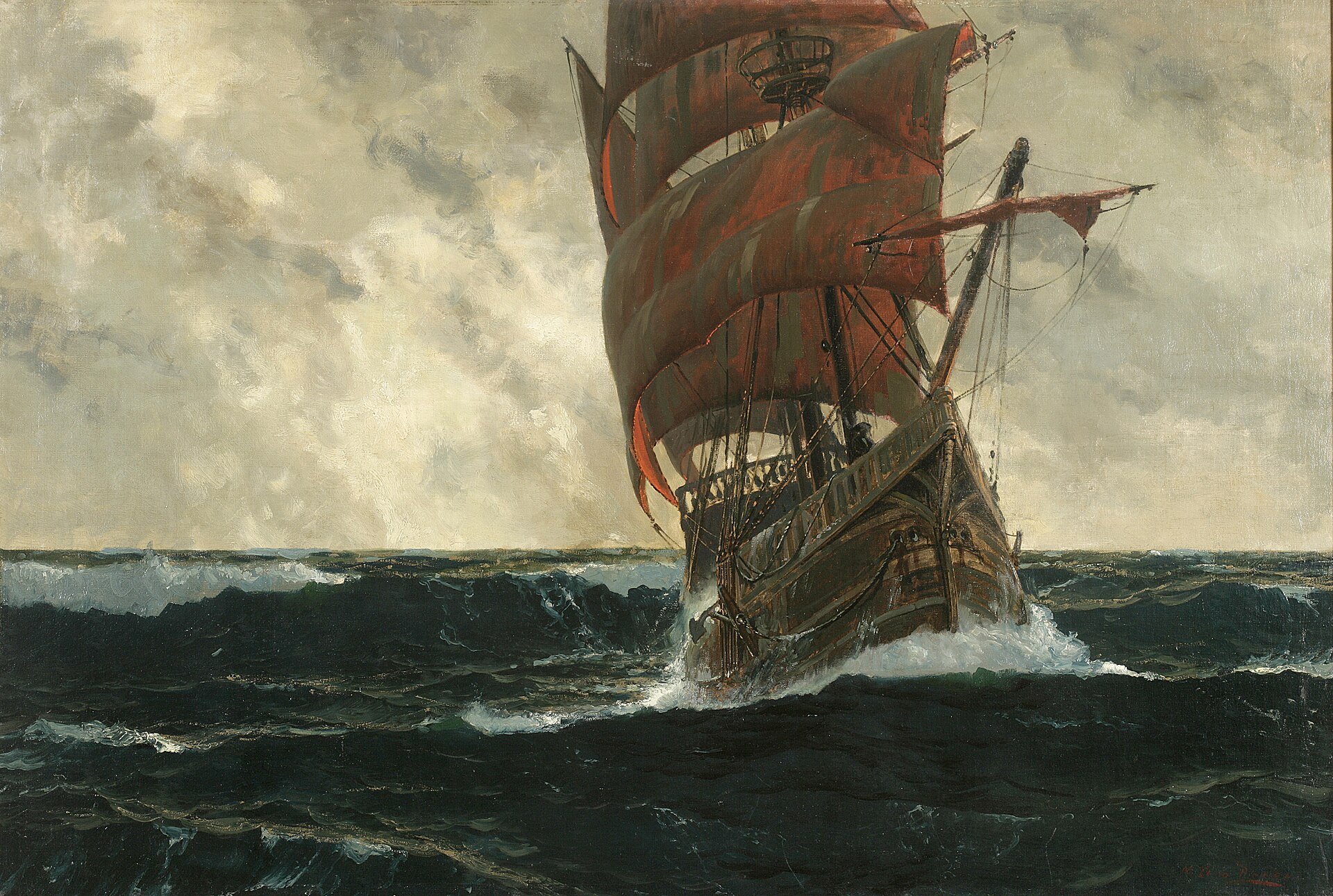 Painting of the Santa María under full sail on the open ocean